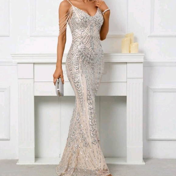 Silver, Backless, Cami,  Fringe Sleeves,  Contrast Sequined Mermaid Gown - Picture 8 of 16